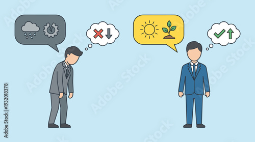 Positive and Negative Thinking Concept with Two Businessmen Representing Optimism and Pessimism, Growth vs Failure, Success Mindset, Mental Attitude, Psychological Contrast Vector Illustration