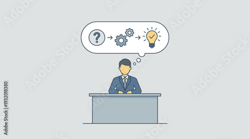 Businessman Thinking About Problem Solving Process with Question Mark Gears and Lightbulb Idea in Thought Bubble, Concept of Decision Making, Innovation, and Strategic Intellectual Work Vector