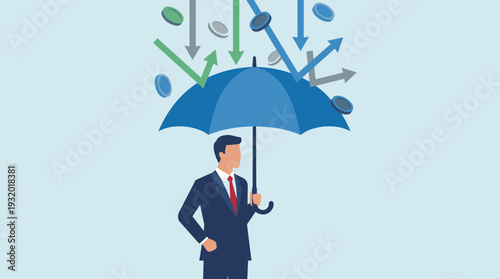 Businessman Holding Blue Umbrella for Financial Protection Against Stock Market Crash and Economic Crisis, Wealth Management, Investment Insurance, Risk Prevention, and Money Security Concept