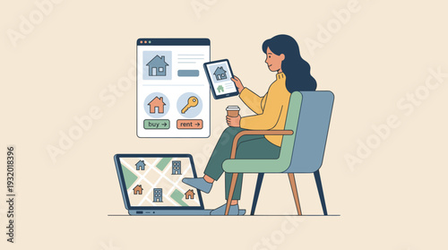 Woman Searching for Real Estate Online Sitting in Chair with Tablet and Coffee. Concept of Buying or Renting Property, House Hunting on Digital Market, Real Estate Investment and Mortgage App.