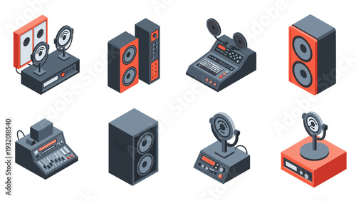 Isometric audio equipment icons: speakers, mixers, and sound systems