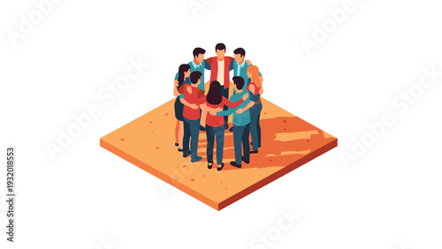Isometric team huddle on platform - group collaboration and unity concept
