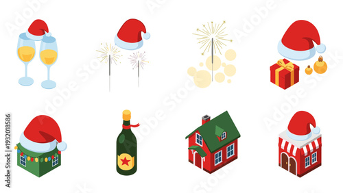 Festive holiday icons with santa hats and christmas decorations