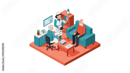 Isometric healthcare consultation with elderly couple in modern clinic setting