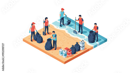 Isometric beach cleanup crew collecting trash and debris for environmental conservation