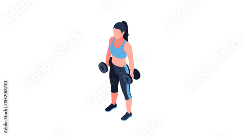 Athletic woman with dumbbells in isometric style for fitness and workout concepts