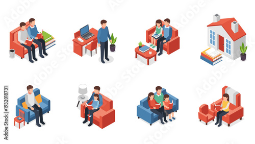 Isometric family reading and working at home scenes
