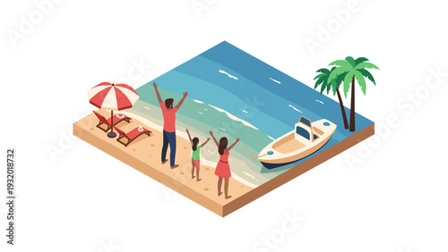 Family beach vacation in isometric style with boat and palm trees