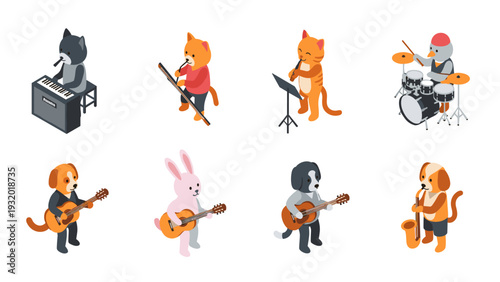 Adorable animal band performing with musical instruments in isometric style