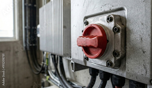 Red Industrial DC Disconnect Rotary Switch on Metal Power Inverter Housing