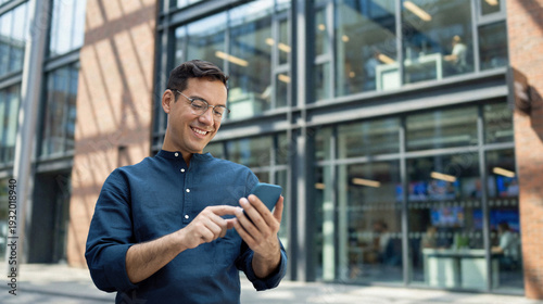 Tableau sur toile Happy young Hispanic business man manager using financial banking mobile apps on cell phone standing in city, professional businessman holding smartphone in hands looking at cellphone outdoor office