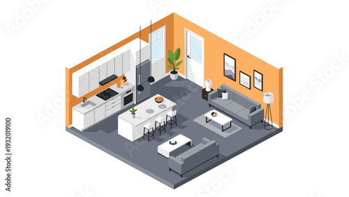 Modern isometric living room with kitchen and minimalist decor