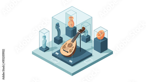 Modern isometric museum display with musical instrument and sculptures