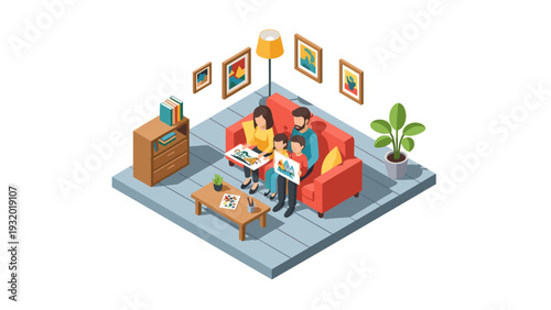 Family time in cozy isometric living room with books and art