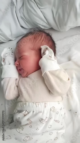 Newborn baby making funny faces lying in bed