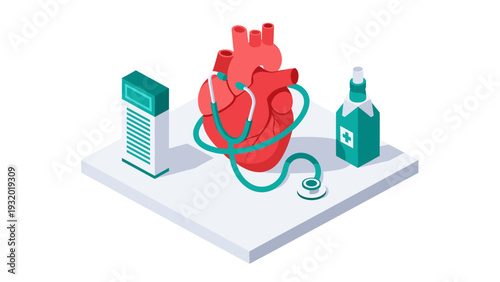 Isometric heart anatomy with medical equipment in healthcare concept