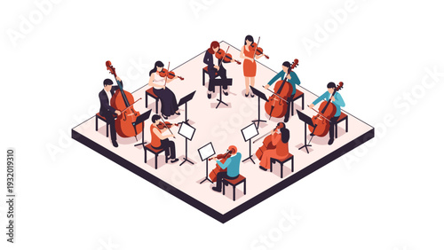 Isometric classical orchestra ensemble performing on stage