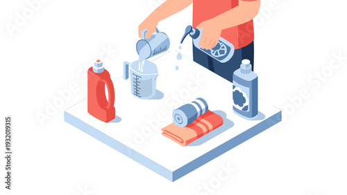Isometric laundry supplies: measuring detergent, pouring water, washing essentials
