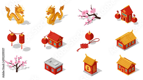 Isometric chinese new year symbols with dragon, lanterns, and traditional architecture