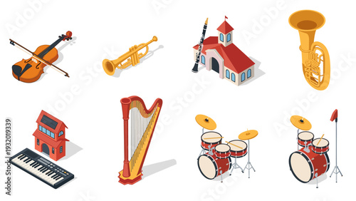 Isometric musical instruments and buildings: church, drum set, and more