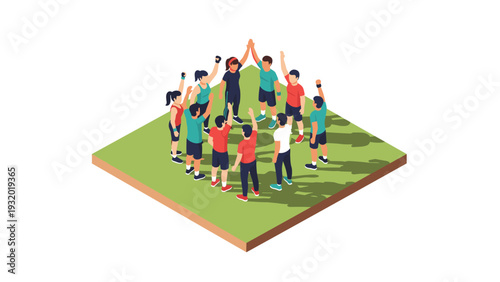 Diverse team celebrating success with group high five on grass in isometric style