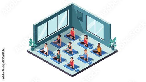 Isometric yoga class in a modern studio with diverse people and indoor plants