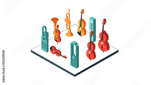 Colorful isometric orchestra instruments on white background