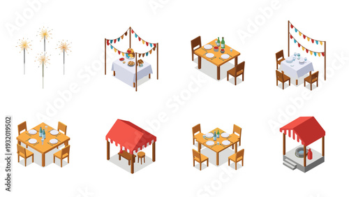 Isometric dining sets and festive elements for outdoor celebrations