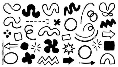 hand drawn doodle vector set of abstract decorative doodles in fun sketchy ink pen outline style isolated on white background