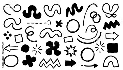 hand drawn doodle vector set of abstract decorative doodles in fun sketchy ink pen outline style isolated on white background