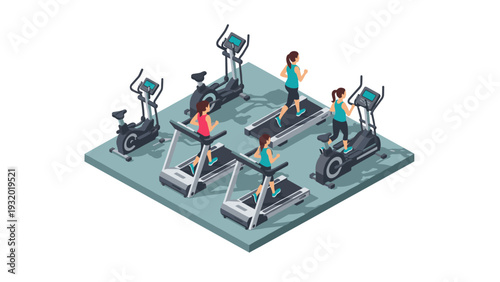 Isometric gym scene with women exercising on treadmills and ellipticals