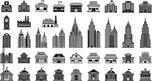 Building and structure icons vector illustration, hospitals offices schools factories hotels houses government buildings, decorative black and white urban design artwork