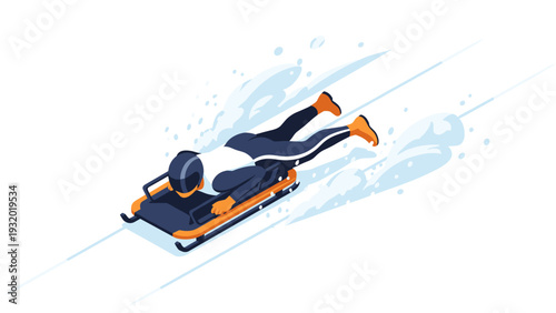 Isometric athlete sliding in sledding action with dynamic motion lines and snow accents