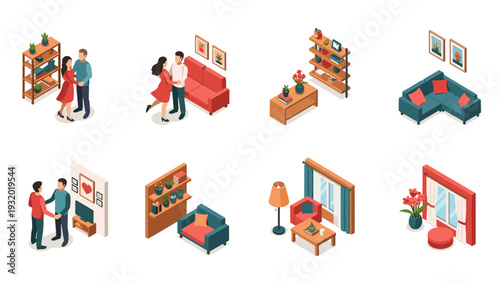 Isometric living room scenes: modern interior with couples and decor elements