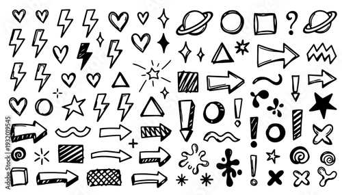 hand-drawn doodle vector set of abstract icons and mini symbols illustrated in a playful sketchy outline style isolated on white background