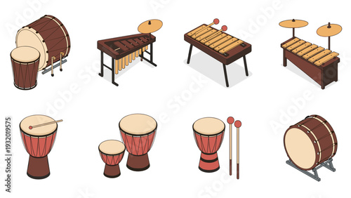 Percussion instruments set in isometric style featuring drums and xylophones