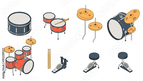 Modern isometric drum set elements and percussion instruments collection