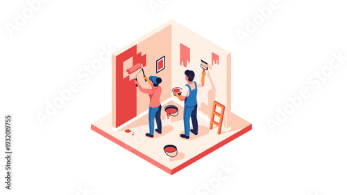 Creative home improvement scene with two people painting walls in isometric design