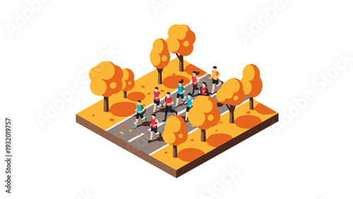 Isometric autumn park scene with joggers and colorful trees