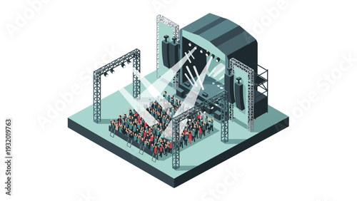 Isometric music concert stage with crowd and lighting effects