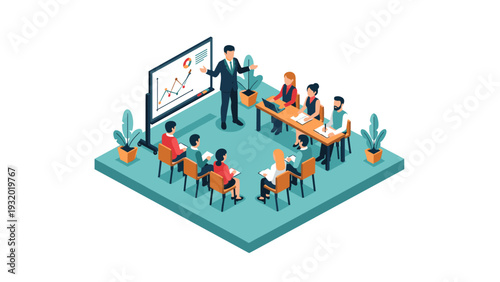 Business meeting presentation isometric office teamwork strategy planning