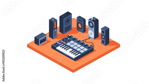 Retro music studio equipment with synthesizer and speakers on orange platform