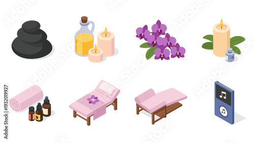 Isometric spa elements: massage table, aromatherapy candles, essential oils, orchid flowers