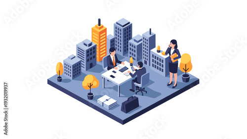 Isometric business meeting in urban office environment with skyscrapers and professionals