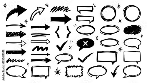 hand-drawn doodle vector set of annotation marks illustrated in a playful sketchy outline style isolated on white background