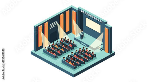 Isometric conference room with audience and speaker in modern seminar setting