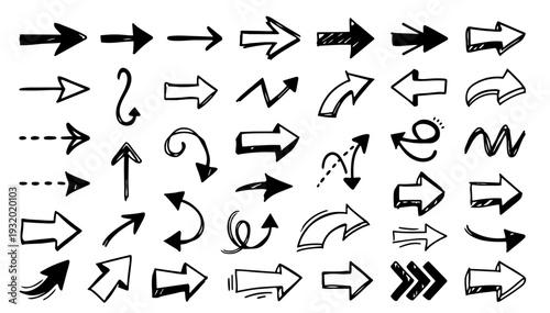 hand drawn doodle vector set of arrows mega pack in playful sketchy ink pen outline style isolated on white background