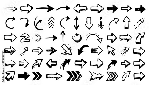 hand drawn doodle vector set of arrows mega pack in fun sketchy ink pen outline style isolated on white background