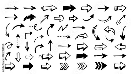 Large Set of Hand Drawn Black Doodled Arrows and Pointers Isolated on White Background
