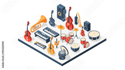 Isometric musical instruments collection with various band and orchestra equipment